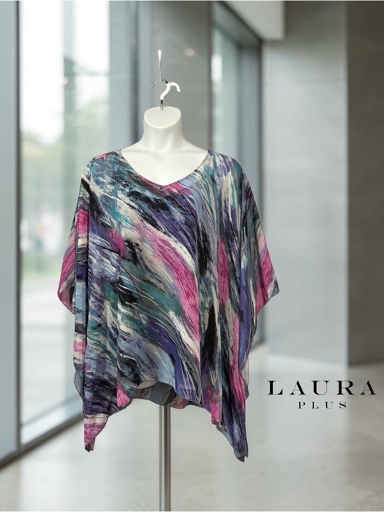 Laura Plus Tops - Laura Plus 3X Plus Size Layered Poncho Blouse & Stretch Cami Abstract Multicolor